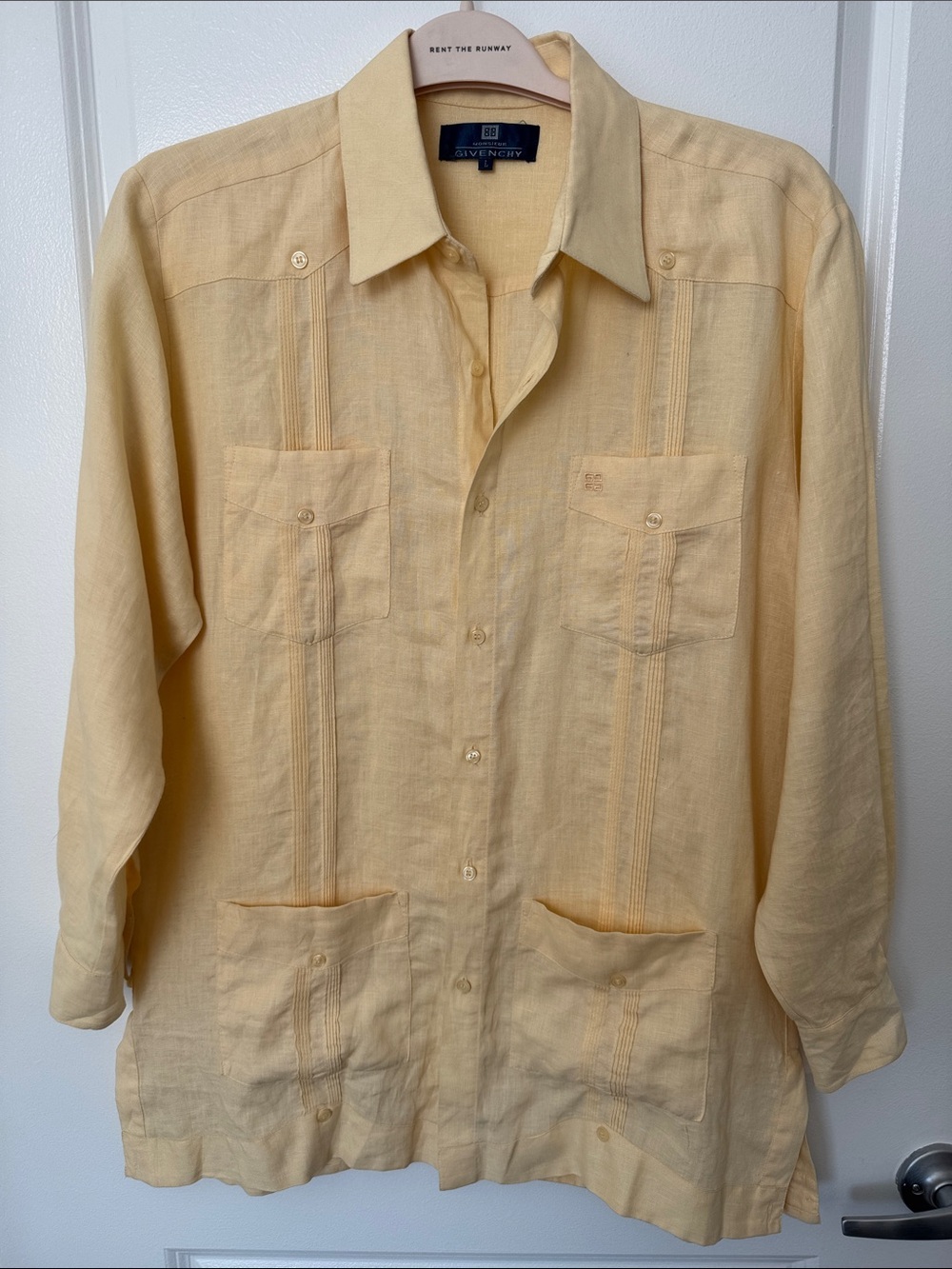 Vintage Givenchy Men’s Yellow 100% Linen Long Sleeve Guayabera Shirt Size L
